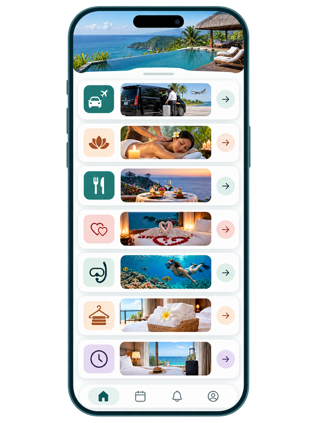 Guest services mobile menu listing spa, dining and transfer requests