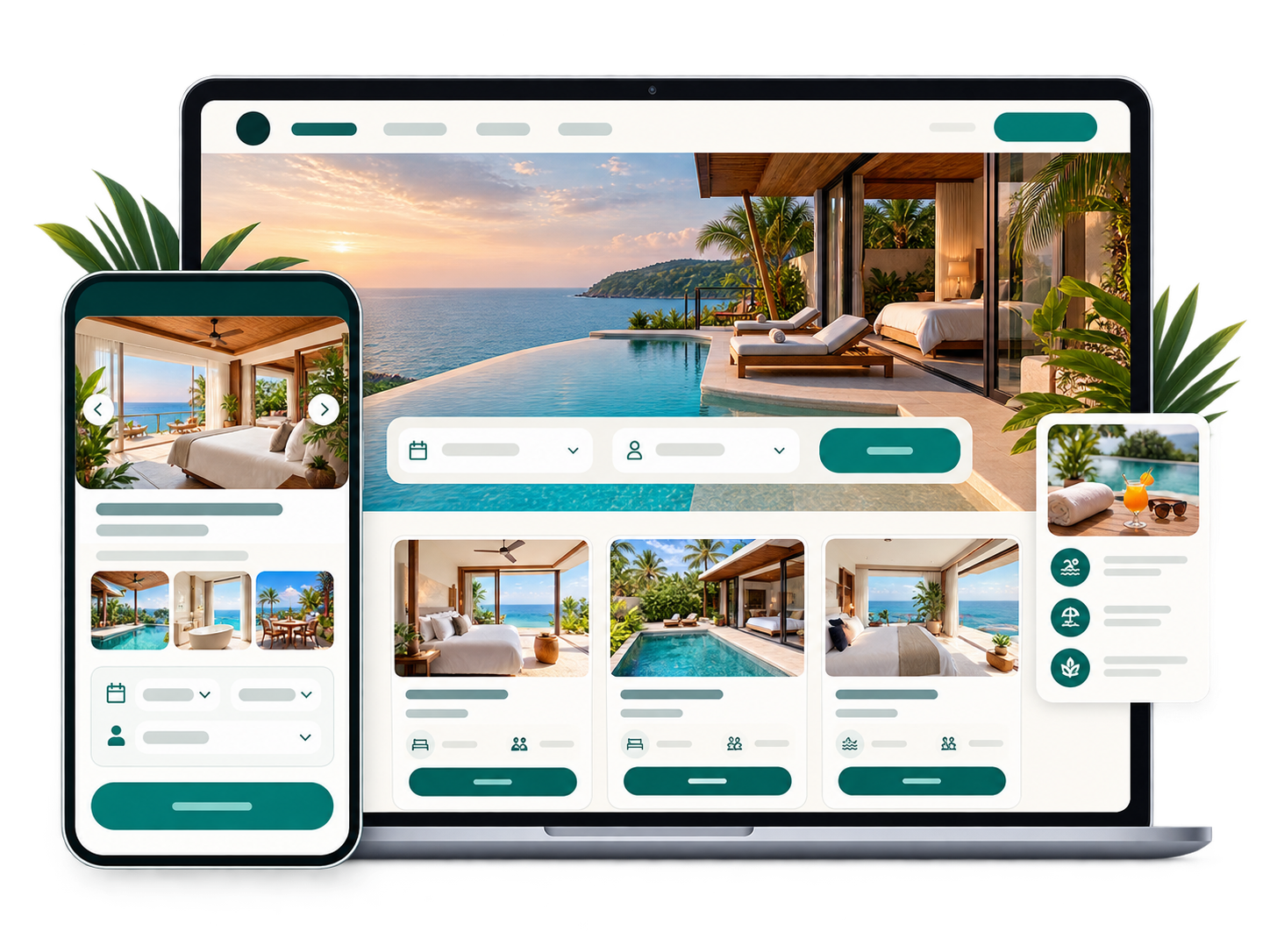 Direct booking website shown on laptop and mobile with room selection