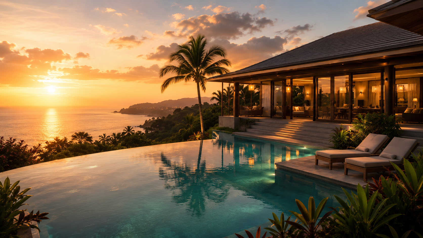 Sunset over the pool terrace of a boutique resort